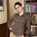 美拉德穿搭咖色格子衬衣女叠穿修身 上衣 显瘦小众复古秋冬打底衬衫