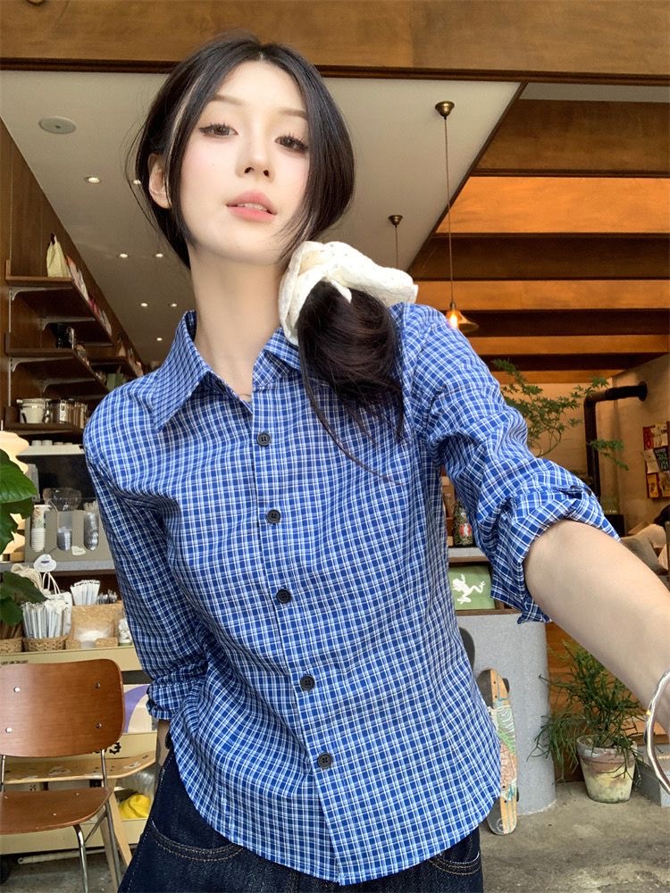 蓝色格子长袖叠穿衬衫女春秋韩版修身显瘦内搭打底衫小众设计上衣