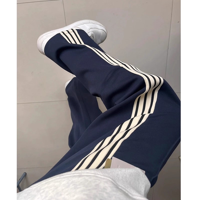 美式藏青色三条杠运动裤女宽松直筒阔腿裤秋冬加绒卫裤显瘦休闲裤