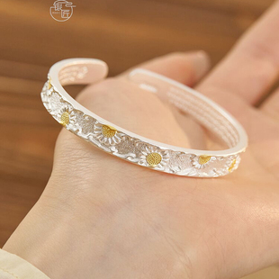 [夏葵]新中式国风24k描金足银999.9向日葵轻奢小众开口调节手镯女