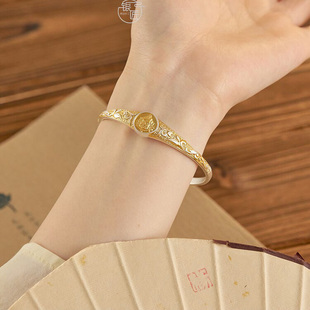 银匠原创手工新中式国潮24k描金黄财神999足银手镯女开口调节手饰