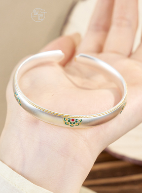 [千秋岁] 珐琅彩新中式描金宝相花足银999.9实心开口实心手镯女