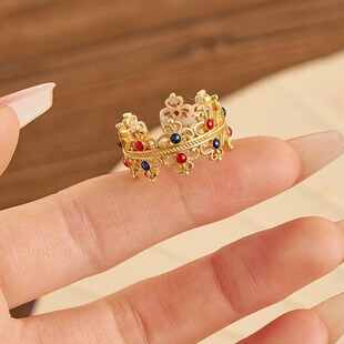 [珅宁]新中式国风足银999.9戒指珐琅彩镂空皇冠轻奢百搭指环