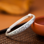 足银999银手镯女牡丹花民族风实心小众轻奢推拉镯子节日礼物手环