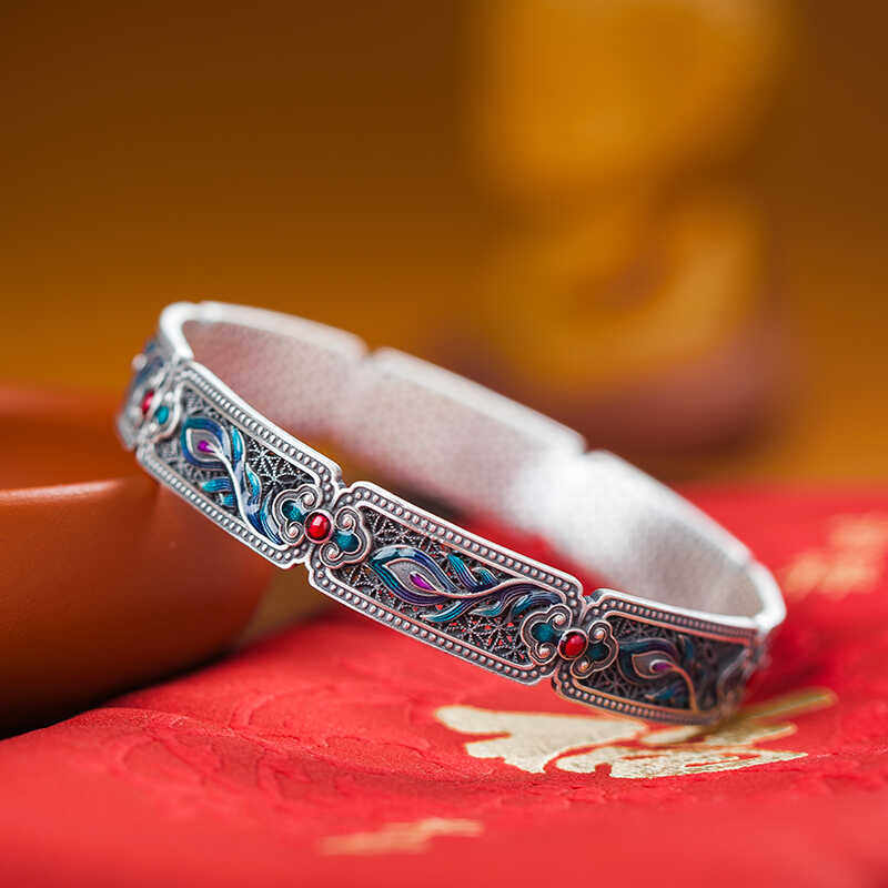 凤麟 新中式国风999足银手镯女景泰蓝珐琅彩轻奢闭口纯银镯子