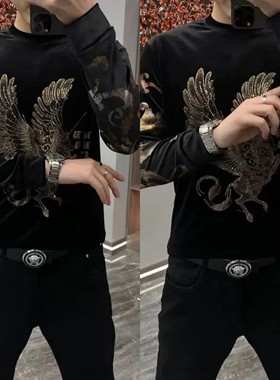 t恤男长袖（现货）6238欧货潮金丝绒男士t恤小衫潮流加绒打底衫烫