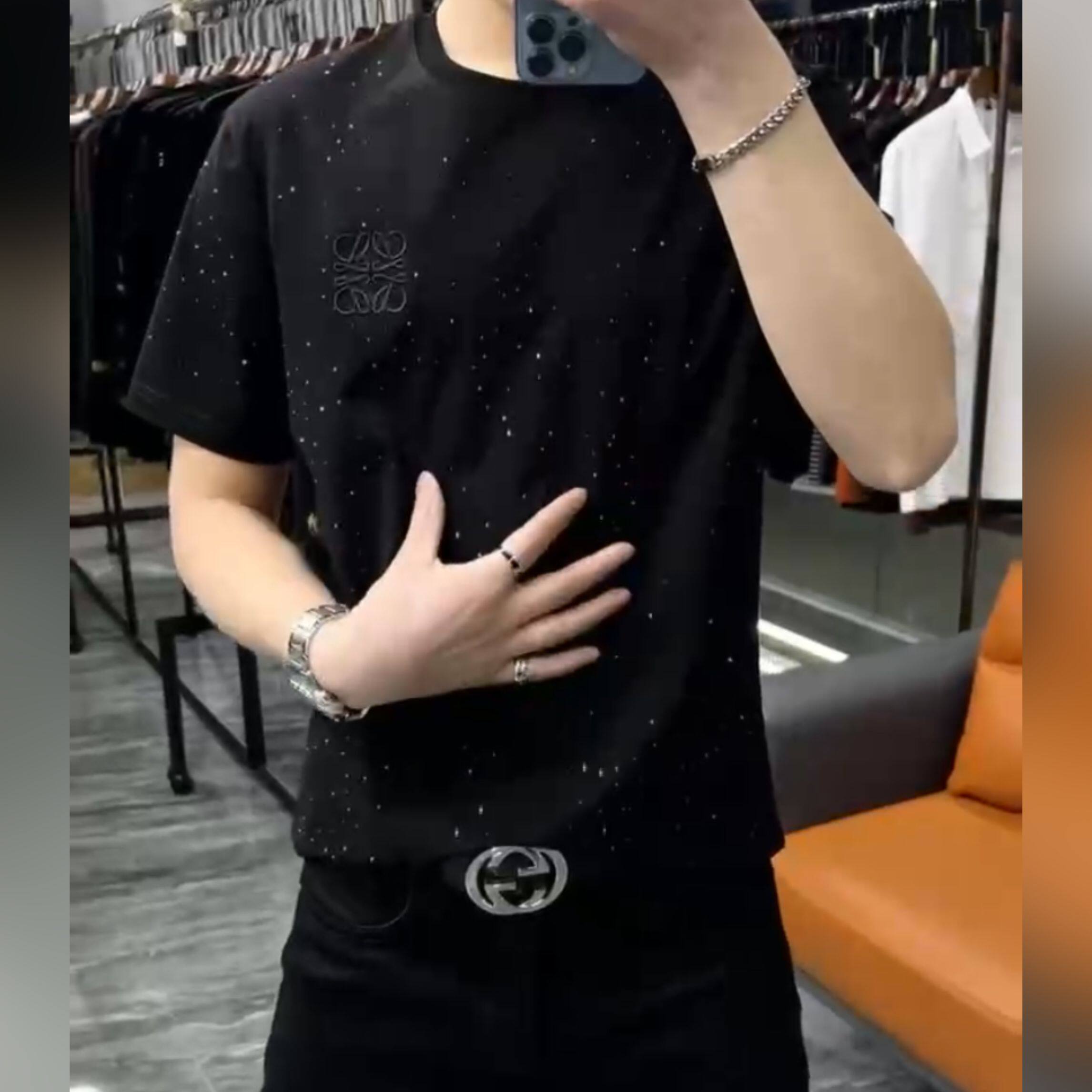 （现货）男士夏季休闲半袖烫钻欧货修身打底衫短袖黑色圆领t恤