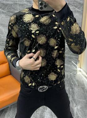 【现货】23202新款高档金丝绒长袖T恤潮流时尚印花烫金圆领打底衫