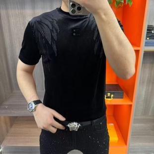 现货 个性 DB6003男冬季 T恤新款 烫钻印花休闲百搭舒适 丝绒短袖