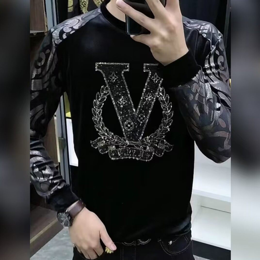 金丝绒长袖小衫烫钻烫金T恤百搭