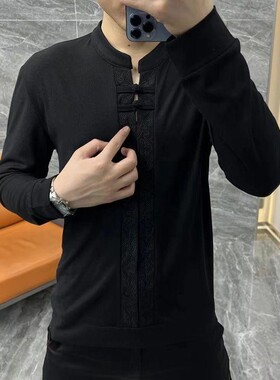 【现货】23288男士新品盘扣唐装小衫修身弹力欧货中国风T恤衫