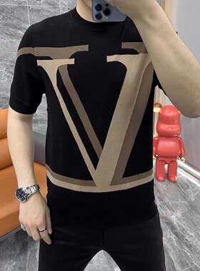 29007新款时尚修身欧货针织短袖字母印花潮流轻奢上衣t