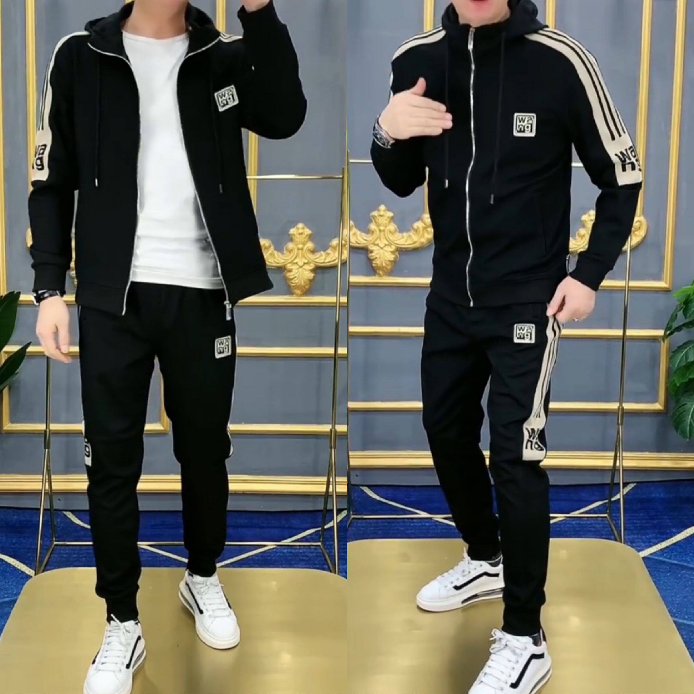 2026年新款男士春季运动休闲针织两件套舒适百搭男套装连帽拉链款