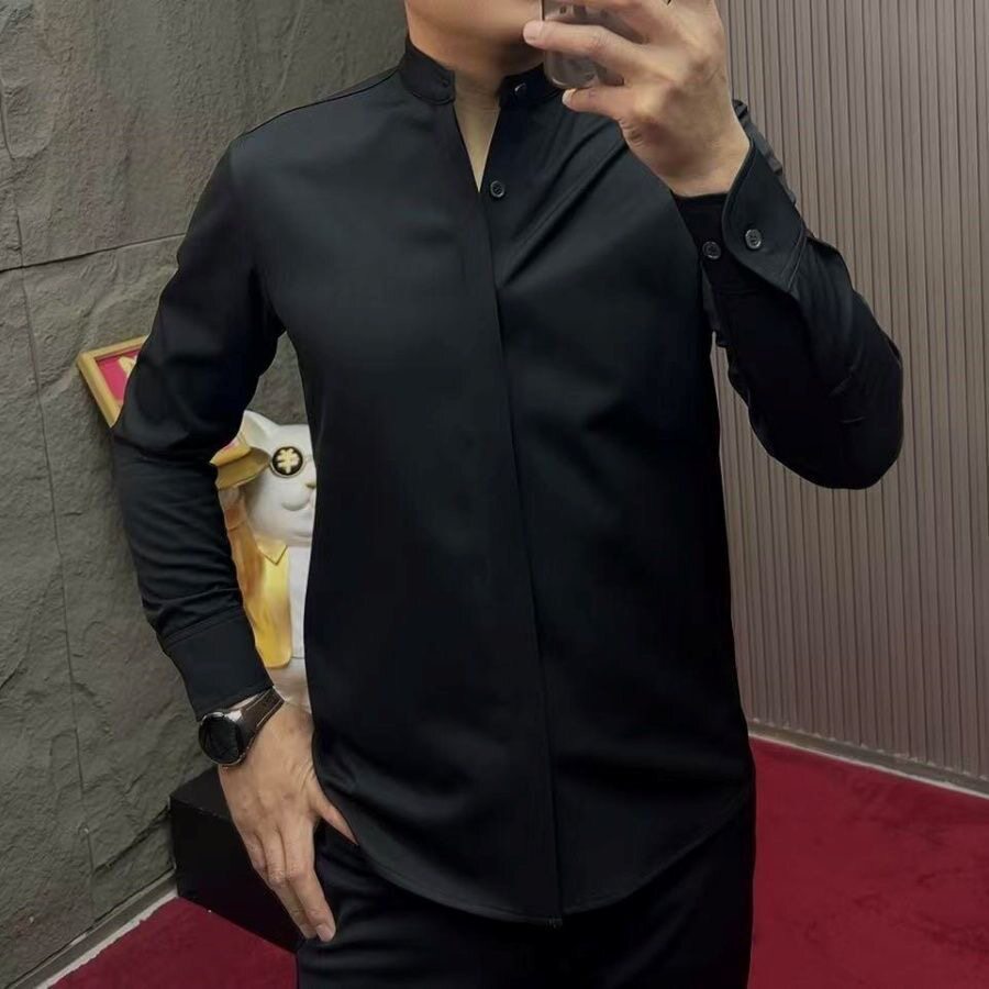 【现货】68260轻奢风薄绒立领长袖T恤男黑色修身商务休闲纽扣衬衫