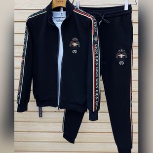 2025新款男士休闲百搭长袖长裤两件套立领刺绣运动时尚潮流男套装