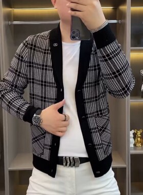 （现货）23123秋季新品男士高级感针织外套舒适百搭格子时尚帅气