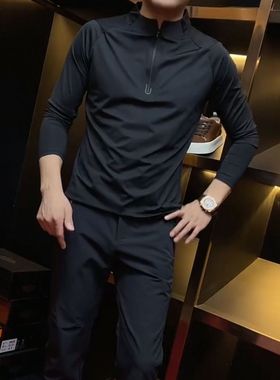 【现货】68096立领拉链T恤长袖男装商务休闲长袖修身t恤男款