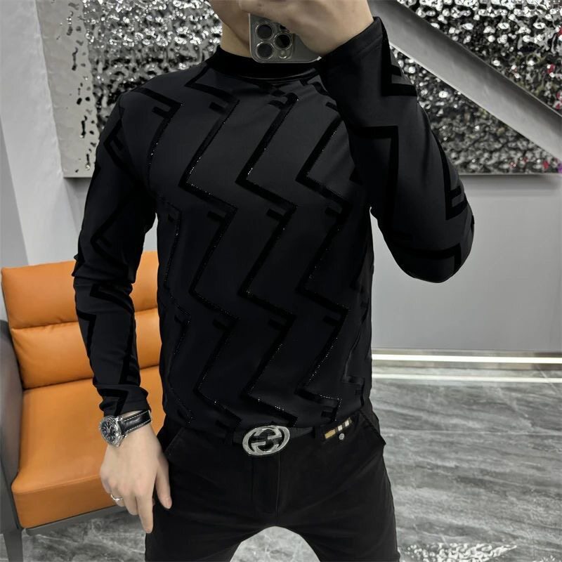 【现货】701黑色长袖T恤男修身几何图案时尚百搭打底衫潮流上衣