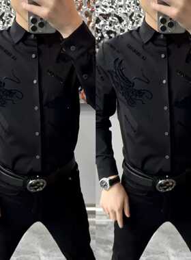 68032新款春秋季植绒免烫印花衬衫男士帅气上衣百搭无痕长袖衬衣