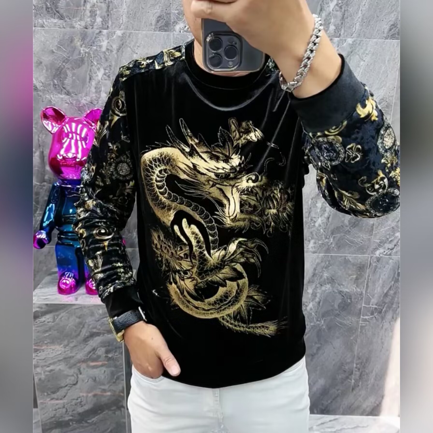 【现货】男士秋季新品金丝绒烫钻小衫轻奢欧货长袖黑色圆领T恤衫