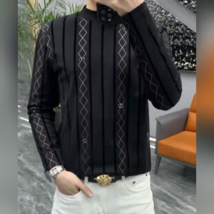 【现货】6298男士秋季圆领烫钻暗花长袖T恤衫百搭舒适欧货打底衫