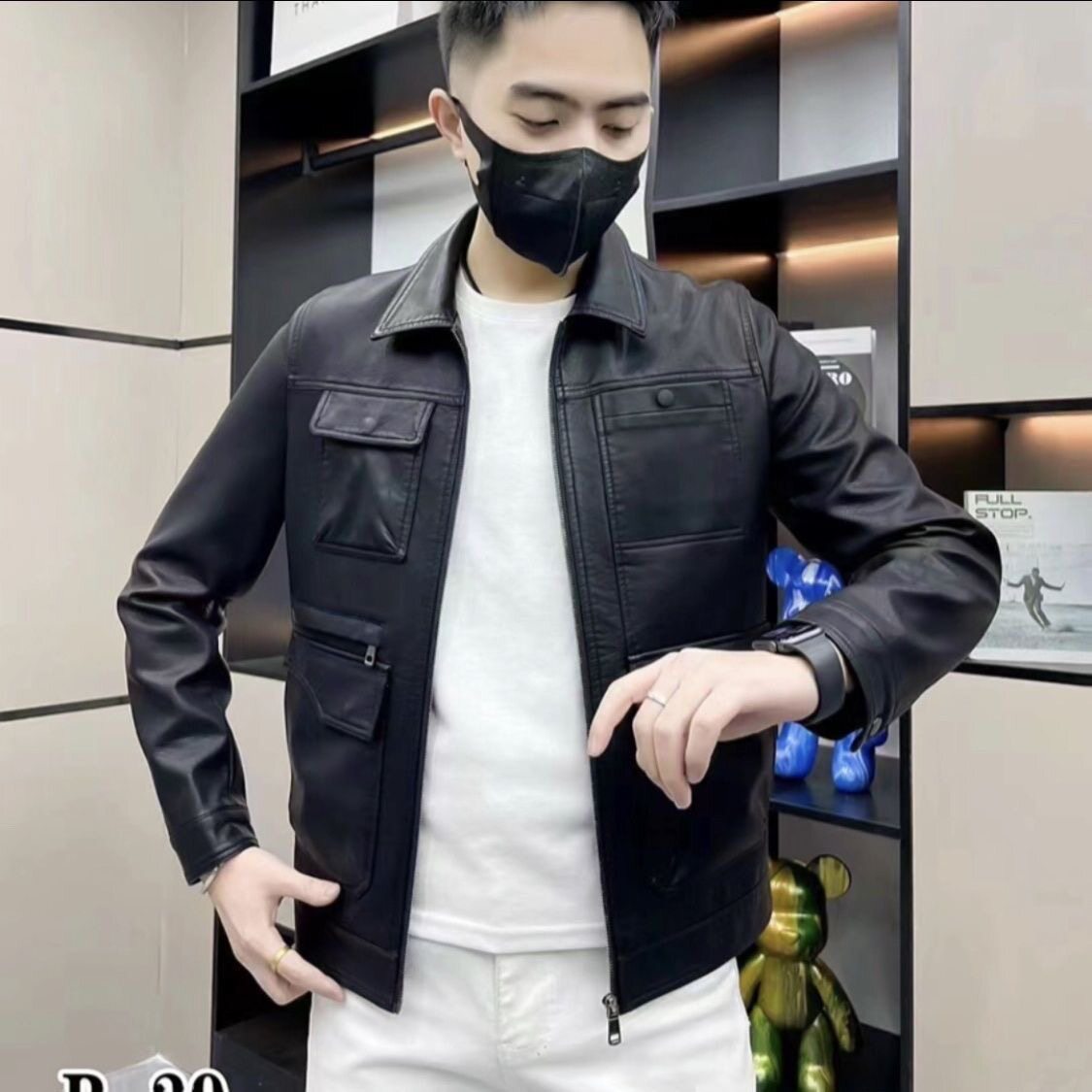 【现货】R-29男士黑色翻领皮夹克机车风修身百搭高级感潮流外套