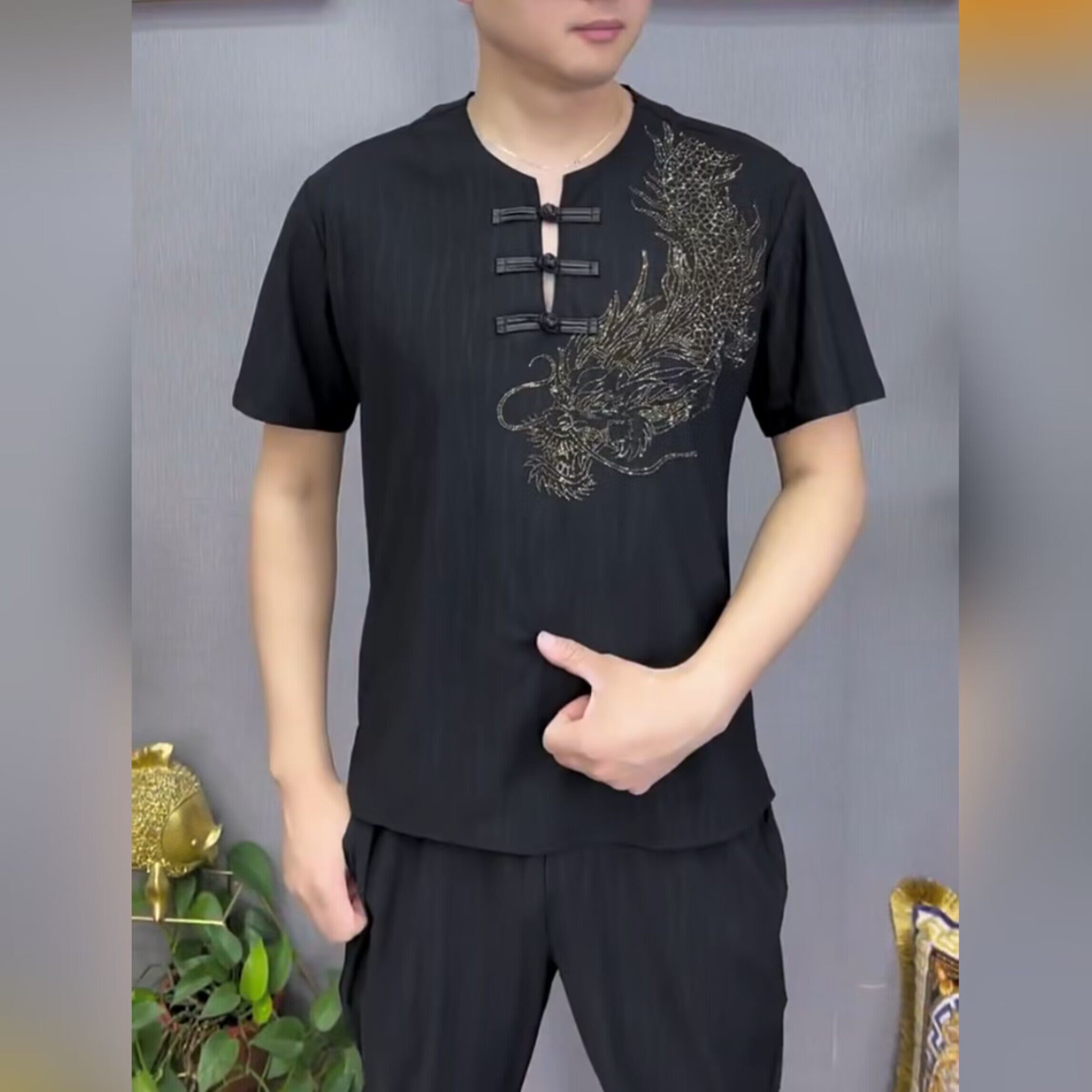 （现货）男士夏季新款套装欧货潮牌重工烫钻弹力透气印花短袖套装