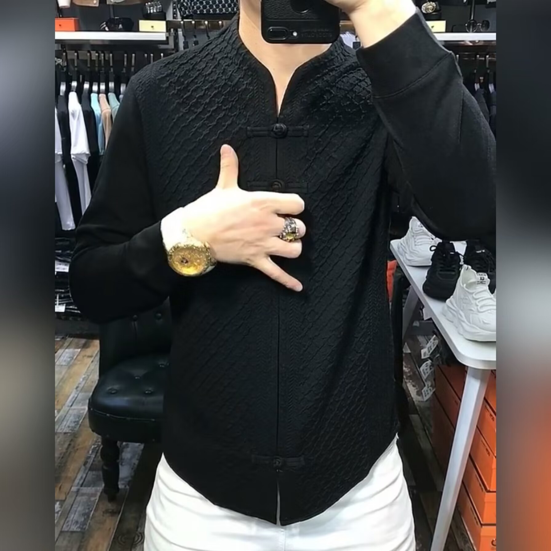 【现货】2366新款男士打底衫百搭中山装盘扣T恤中式修身时尚