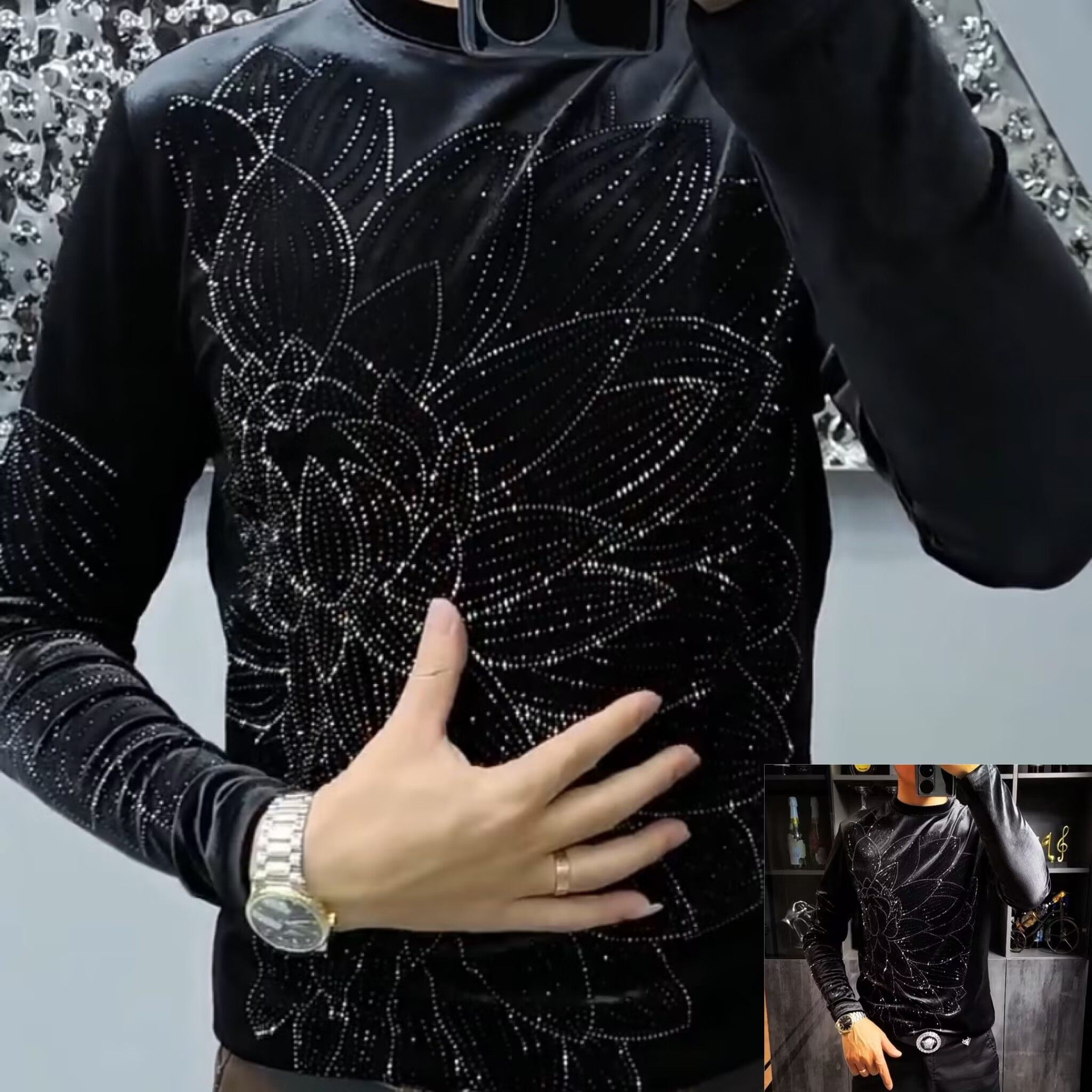 （现货）2026秋冬新款金丝绒烫钻圆领长袖t恤男士欧洲站潮流百搭