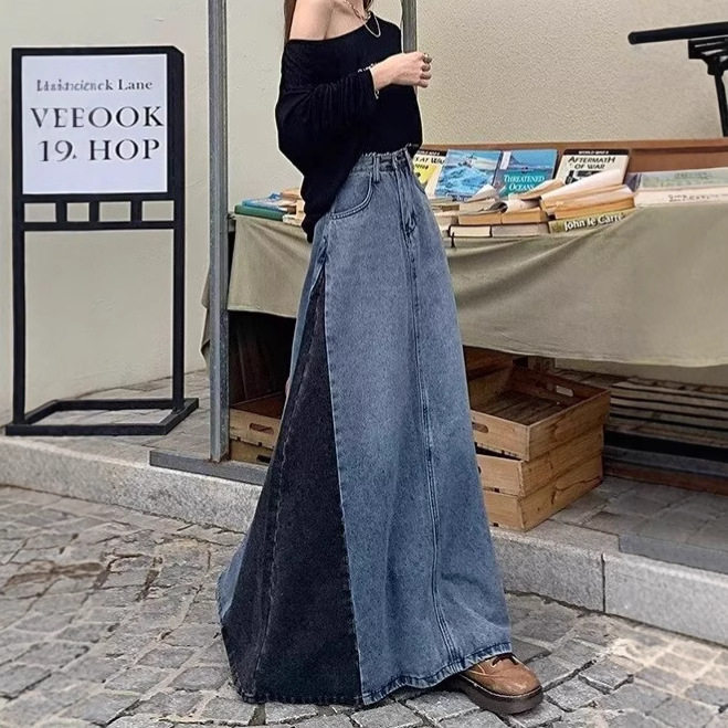 美式设计感复古显瘦撞色牛仔长裙女胖MM大码遮肉高腰拼色半身裙