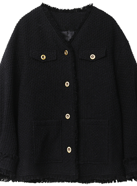 秋季新款黑色小香风羊毛外套粗花呢金属扣编织毛呢上衣女