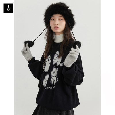 圆领韩版小狗刺绣提花毛衣