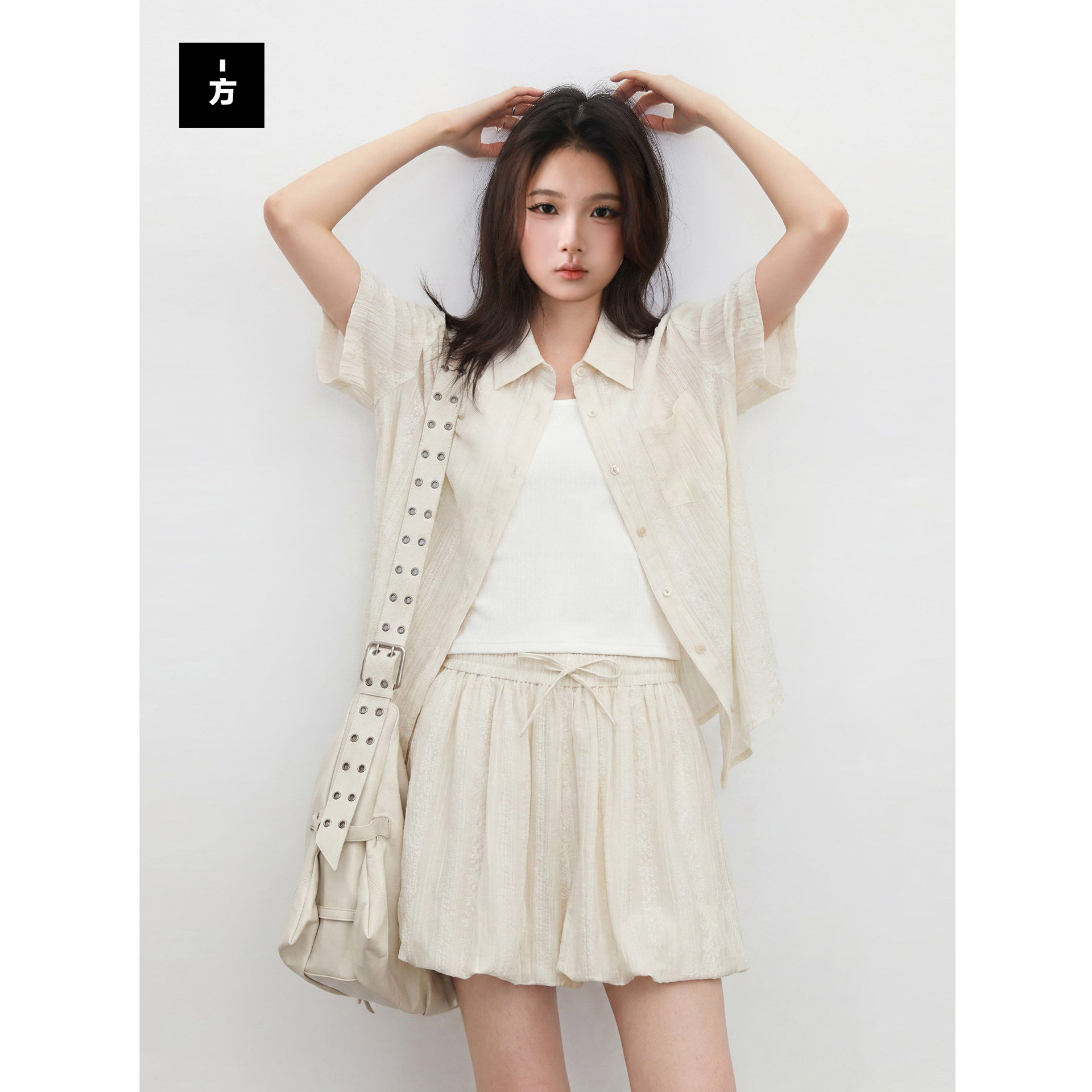 【一方服饰】夏季新款氧气感莱赛尔翻领短袖衬衫松紧腰半身裙套装