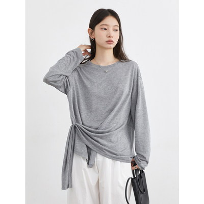 空气感绑带T恤长袖罩衫