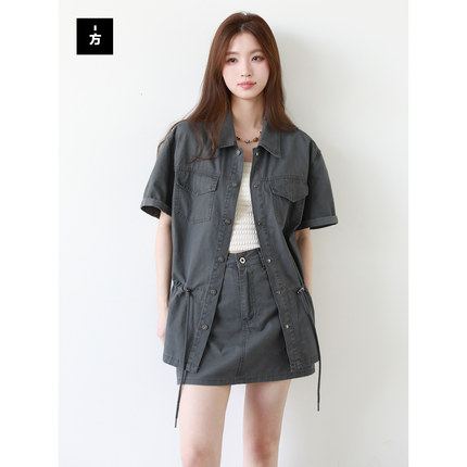 【一方服饰】5.20夏季新款工装风套装女短袖衬衫半身裙休闲两件套