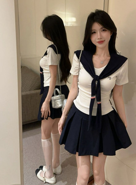 159cm小矮个子学院风海军领上衣套装短袖T恤高腰显瘦百褶裙xxs码