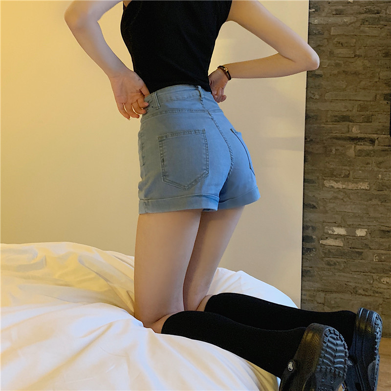 145/150cm矮小个子女生显瘦高弹高腰卷边牛仔短裤紧身热裤子xxs码