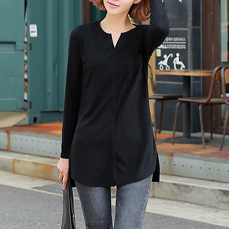 长袖中长款T恤女秋纯棉遮肚上衣