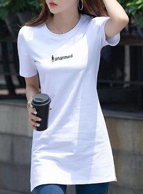 中长款短袖t恤女新款宽松减龄体恤纯棉收腰开叉遮臀白色休闲上衣