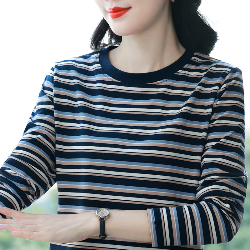 秋季条纹长袖t恤女大码宽松正肩时尚百搭纯棉上衣打底衫高档外穿图片
