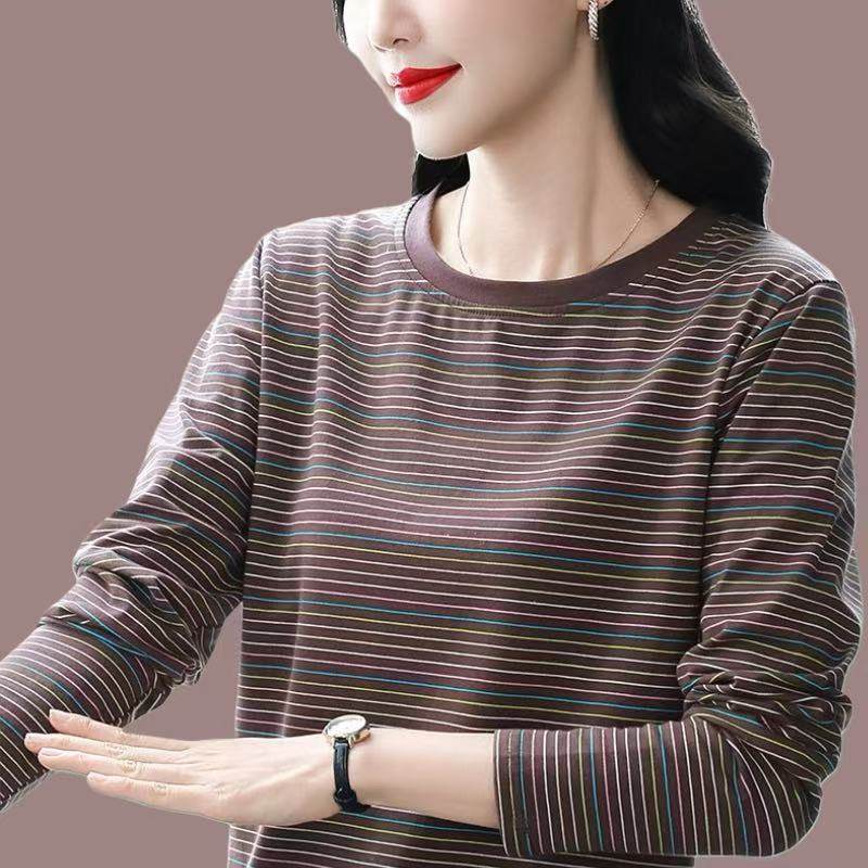 春季2026新款大码宽松纯棉长袖T恤女装外穿打底衫条纹体恤上衣服