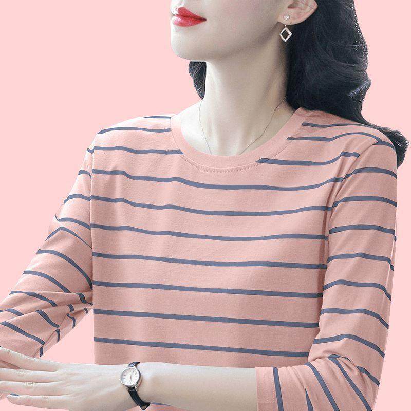 纯棉条纹长袖T恤女士打底衫春秋装新款大码宽松显瘦百搭洋气上衣,女装/女士精品,T恤,淘宝优惠券,粉丝福利购,淘宝优惠卷