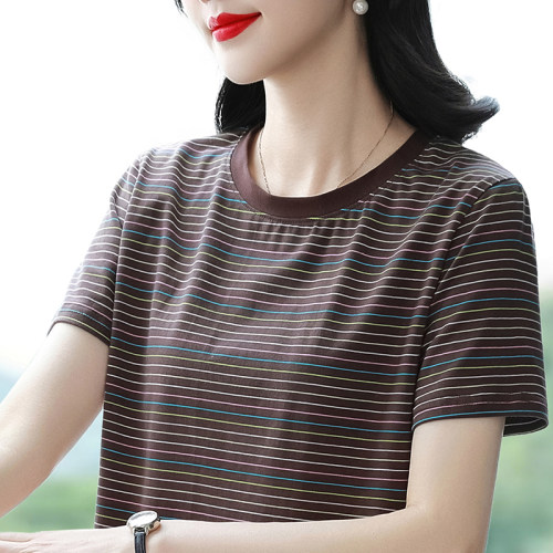 妈妈短袖t恤女2026新款中老年纯棉夏季宽松半袖体恤大码条纹上衣