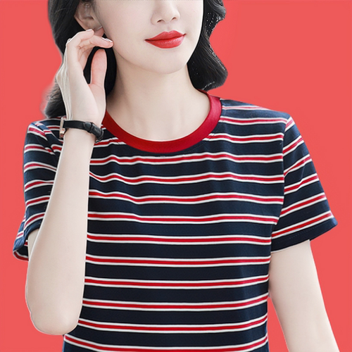 2026夏装新款宽松简约妈妈半袖圆领纯棉短袖条纹T恤女洋气上衣款