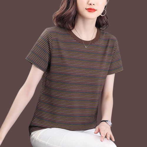 条纹短袖t恤女纯棉新款夏季宽松大码上衣半袖遮肉体恤圆领妈妈装