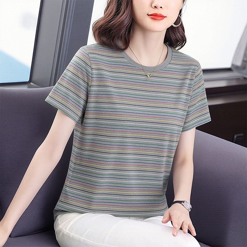 纯棉条纹短袖T恤女士韩版百搭2026夏季新款中年妈妈宽松休闲上衣