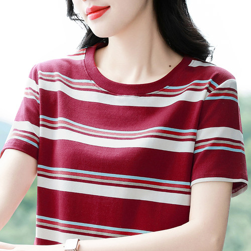 2026新款爆款夏季大码宽松显瘦条纹百搭女士t恤短袖纯棉遮肉上衣