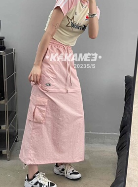 KAKAMEE夏季2023美式潮流两穿工字半身裙女高腰口袋绑带抽绳裙子