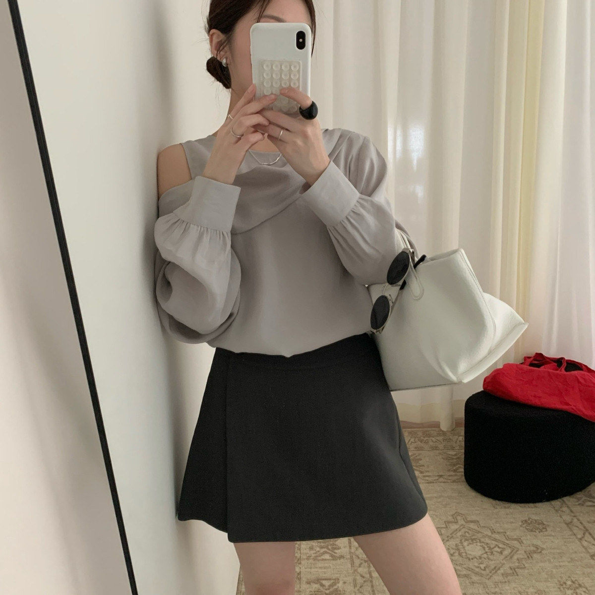 TE春款气质轻熟拼接假两件露肩设计长袖小衫百搭宽松T恤上衣女潮