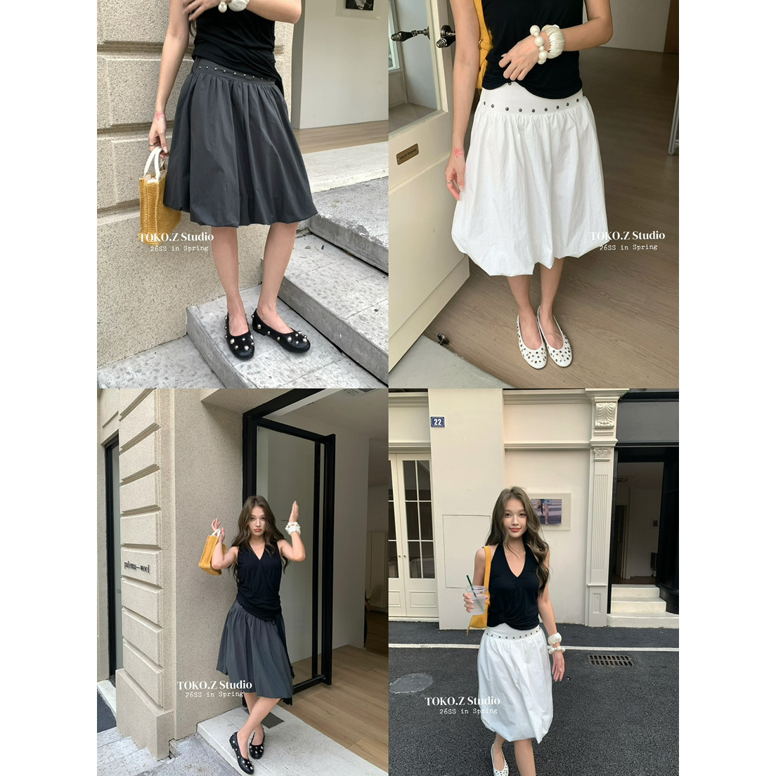 美式时髦钉珠拼接高腰花苞半身裙